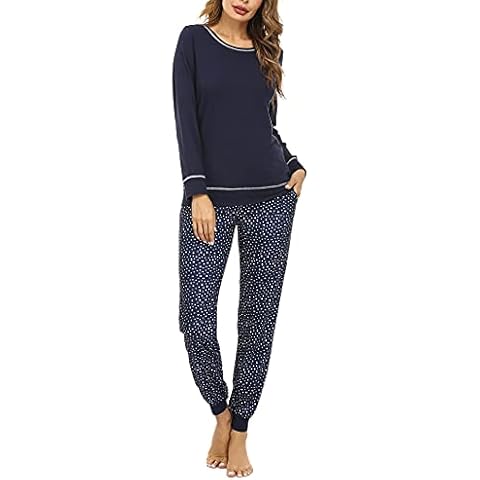 Litherday Women's Pyjamas Set Soft Long Sleeve Cotton Sleepwear Ladies Pjs Loungewear Sets Tops and Plaid Pants Nightwear with Pockets(Star-Navy,XL) Cover