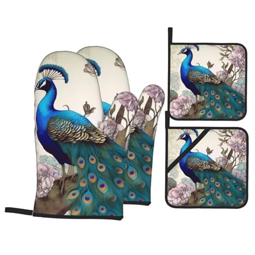 Peacock Floral Oven Mitts and Pot Holders Sets of 4 High Heat Resistant Kitchen Oven Gloves and Hot Pads Non-Slip Oven Gloves Potholders for Baking Cooking BBQ