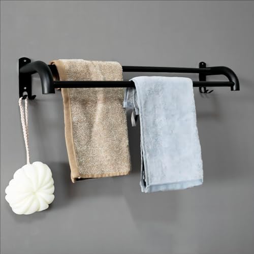 yozhch Black Towel Holder for Bathroom Double Towel Rail with Bars Wall Mounted Towel Rack Chrome Towel Shelf with Hooks