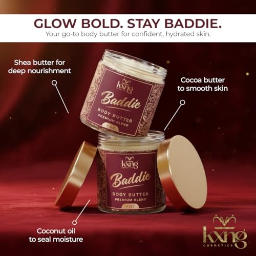 Image of KXNG Cosmetics Organic Shea Body Butter Cream - 4oz | Luxury Moisturizing Cream for Men & Women with Shea, Cocoa & Coconut Oil | Deep Hydration for Dry Skin, Hands & Feet - Baddie
