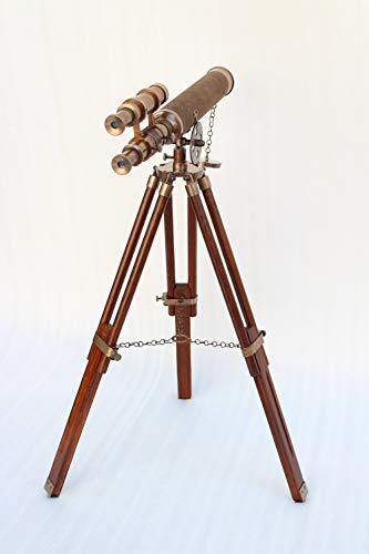 Us Handicrafts Vintage Nautical Antique Style Double Barrel Telescope In Brown Antique Pure Leather 18 Inch With Wooden Brown Tripod. #TOP3