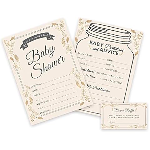 Simple-Glee Baby Shower Invitations Kit - 25 Gender Neutral Rustic Invites, Prediction and Advice Cards, Diaper Raffle Tickets - comes with Envelopes Cover