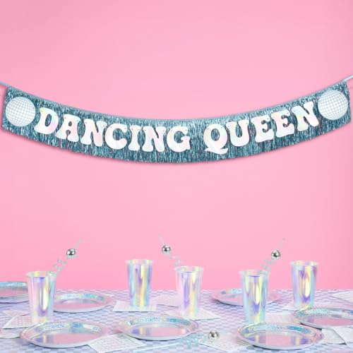 Image of xo, Fetti Dancing Queen Fringe Banner - Iridescent & Blue Fringe, 5 Ft. | Disco Bachelorette Decorations, 70s Backdrop, Groovy Birthday Party, Boogie Bach Backdrop