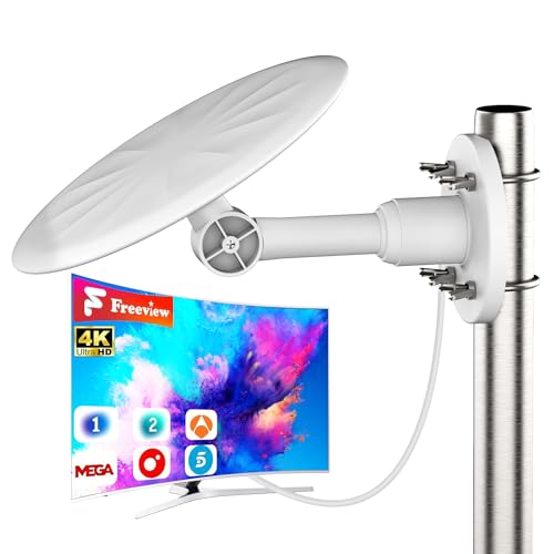 Antena TV Exterior 2025 – Recepción HD 720° para Smart TV y 4K – Señal de Largo Alcance, Cable Coaxial de 10 m, Instalación Fácil en Tejados o Paredes, Ideal para Tejados y Terrazas (Blanco)