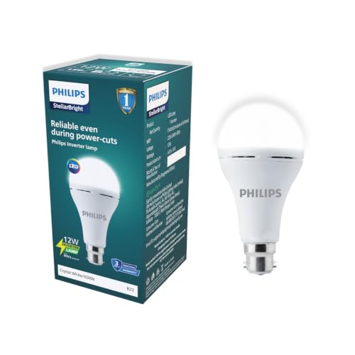 PHILIPS 12W Emergency Bulb | Rechargeable Emergency Bulb for Power Cuts | Backup : 4hrs, Crystal White, Pack of 1, b22d, LED