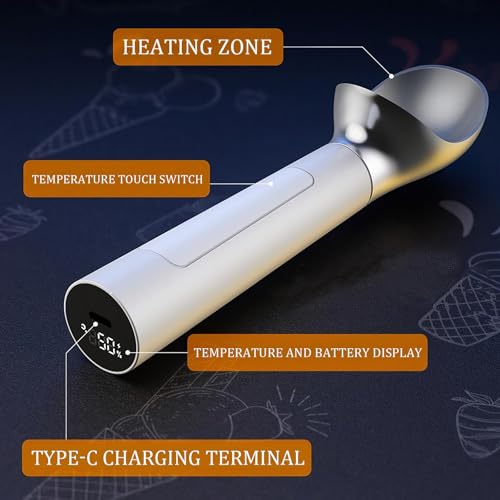 Cuillère à glace électrique chauffante | Rechargeable, fonctionnement sans bouton | Affichage intelligent de la batterie et de la température | Outil de ramassage facile | Capacité de 56,7 g