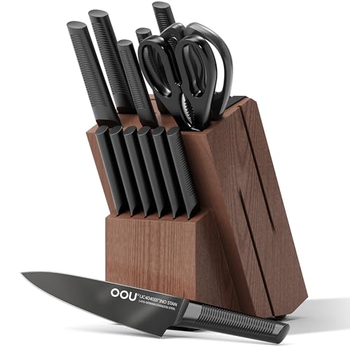 OOU Kitchen Knife Set - 15 Pcs High Carbon Stainless Steel Chef Knife Sets, Dishwasher Safe Black Knives Block Set With Built in Sharpener, Gifts for Men Women