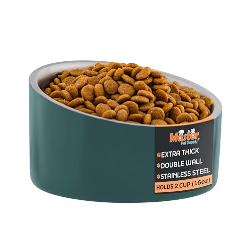 Master Pet Supply Stainless Steel Slanted Dog Cat Food Bowl - 16 oz Heavy Duty - Emerald Sea Double Wall Insulated Non-Slip Elevated Bowl for French Bulldogs Pugs Cats Anti Rust Dishwasher Safe
