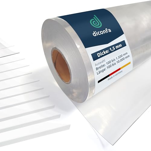 diconfa Transparente PVC Platte NACH MAß glasklar 1,5mm DICK - 0,1 bis 1,5m BREIT - 0,1 bis 10m LANG (100 x 50 x 1,5mm) Kunststoff Plane durchsichtig klar Tischdecke Tischfolie Schutzfolie