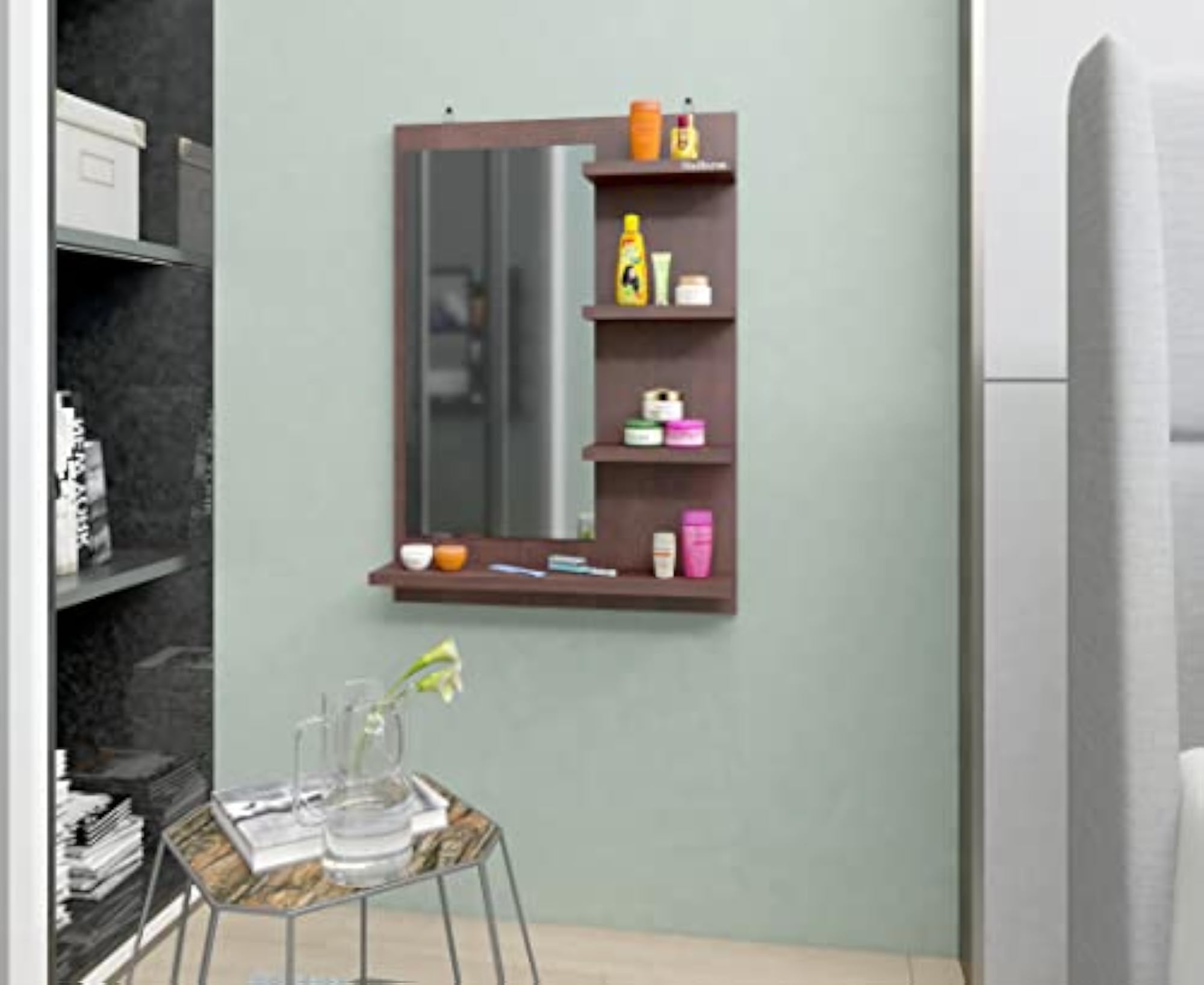 Engineered Wood Wall Mounted Dressing Tables Mirrors with Storage Shelf