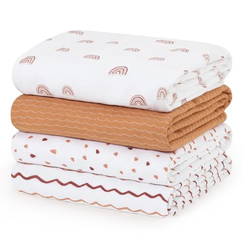 Image of david's kids 4 Pack Baby Muslin Swaddle Blankets, 100% Cotton and Ultra Soft Breathable Receiving Blanket Wrap for Boys Girls, New Born Essentials, Large 47 x 47 inches, Rainbow/Wave
