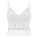 Erinaco Women's Sexy Sequins Crop Top Sparkle Diamond Fringe Spaghetti Strap Tank Top Slim Fit Camisole Vest Silver