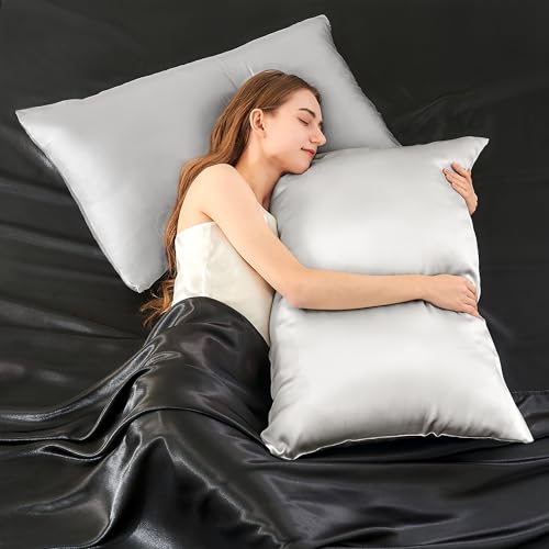 Image of INFIIXSO Silk Pillow Cases 2 Pack Standard Size, Ultra Smooth & Soft Mulberry Silk Pillow Case for Hair and Skin, Breathable Cooling Silk Pillowcase with Hidden Zipper (Light Grey, 20x26 Inches)