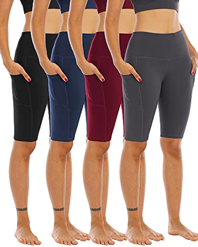 WHOUARE 4 Pack Biker Yoga Shorts with Pockets for Women,High Waisted Athletic Running Workout Gym Shorts Tummy Control