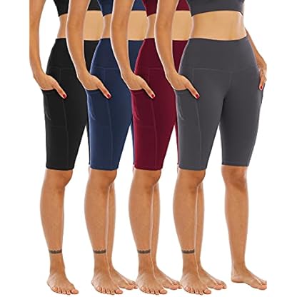 WHOUARE 4 Pack Biker Yoga Shorts with Pockets for Women,High Waisted Athletic Running Workout Gym Shorts Tummy Control