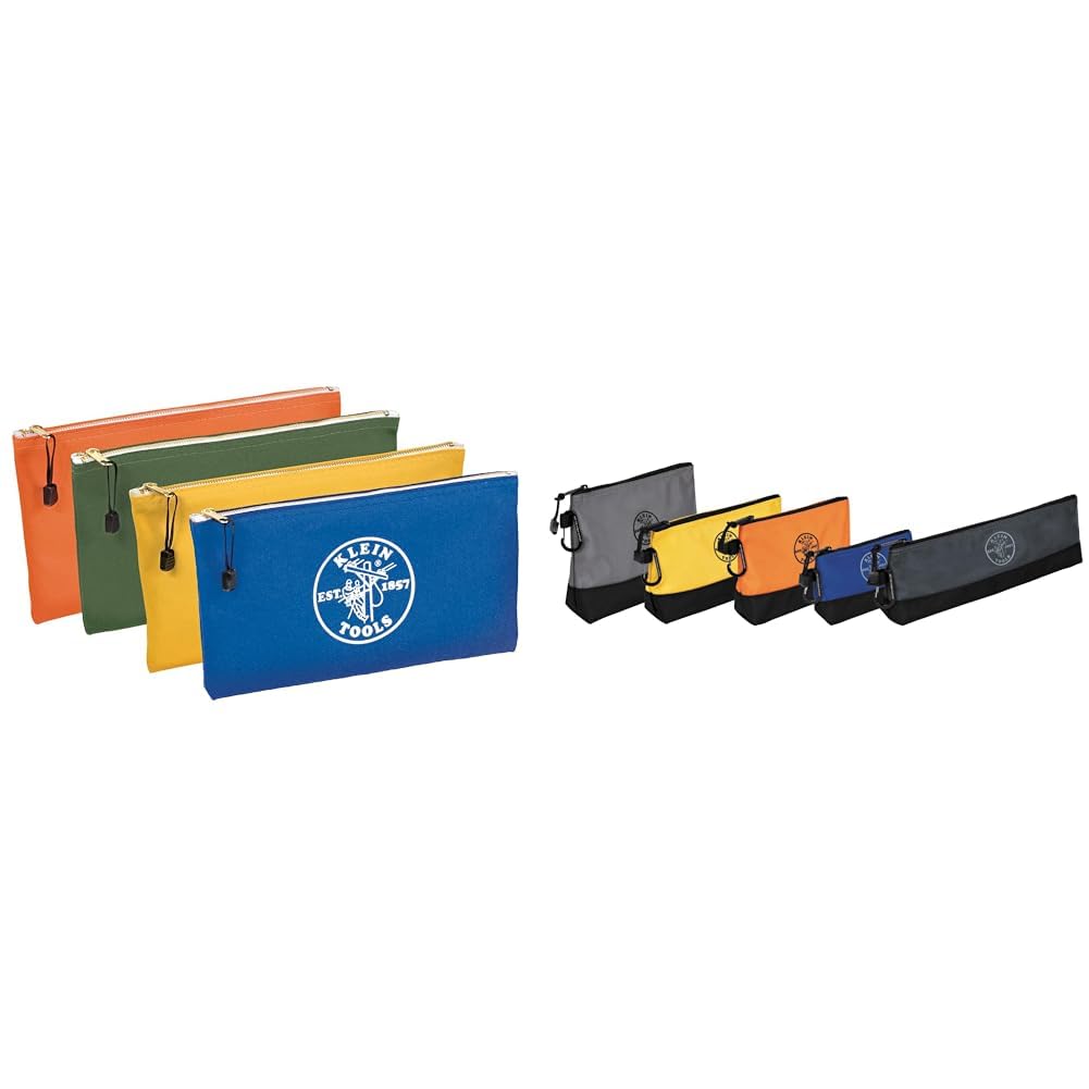 Klein Tools 5140 4-Pack 12 5 Canvas Zipper Bags and 55569 5-Piece Reinforced Stand-Up Zipper Tool Pouch Set