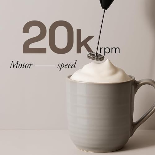 Image of DERIKO Powerful Milk Frother for Coffee, Battery Operated Electric Foam Maker with Stainless Steel Whisk, Handheld Drink Mixer with Stand for Cappuccino, Latte, Hot Chocolate (Black)