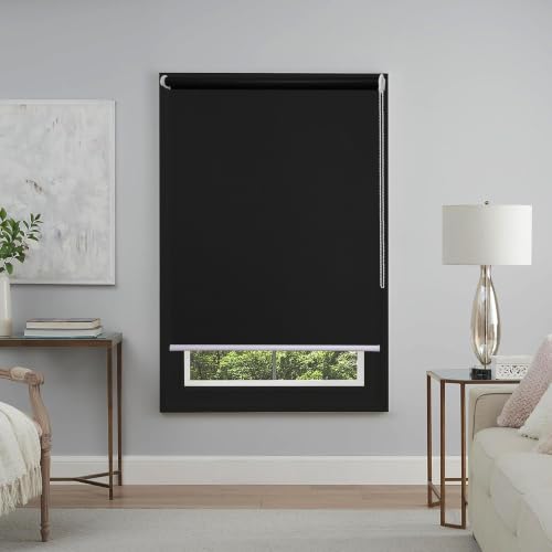Image of Roller Blinds 300 GSM Polyester Fabric Waterproof & Sun Blockage Corded Roll Up and Down Blinds Curtains for Window, Door, Balcony (Black Color 2.5 X 12 Feet, Pack of 1 Piece)