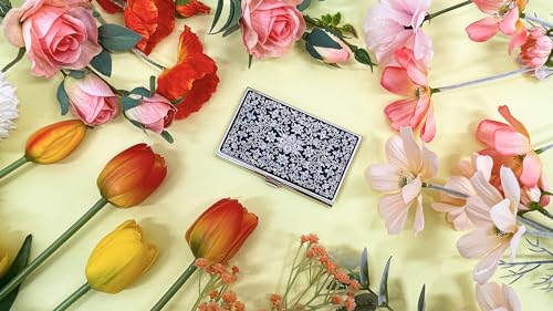 Image of Mother of Pearl Business Card Case Credit Id Name Holder Travel Wallet Art Painting Design Metal Stainless Steel Engraved Slim Purse Pocket Cash Money Wallet (Arabesque)