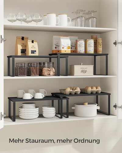 SONGMICS Gewürzregal, 4er Set, Küchenregal, Küchen-Organizer, erweiterbar, Gewürzhalter, stapelbar, mit Metallrahmen, 19,5 x 39,7 x 15,8 cm, tintenschwarz-ebenholzschwarz KCS028B01