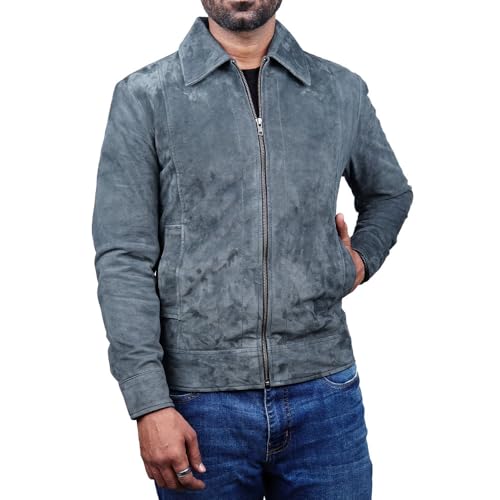 Image of Mens Polo Collar Zipper Suede Shirts Long Sleeve Shacket Suede Trucker Jacket Real Suede Leather Shirt