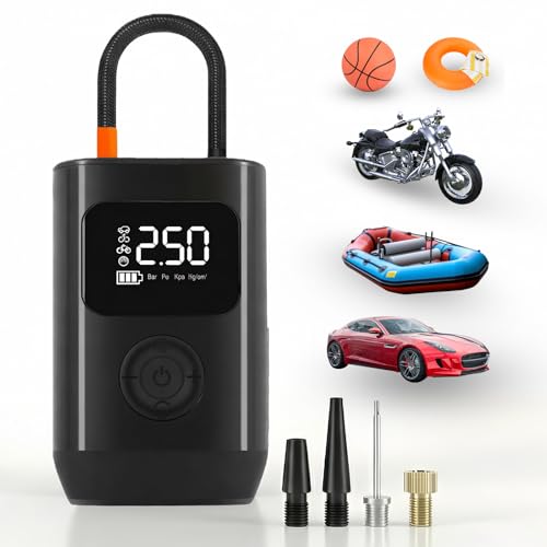 Tire Inflator Portable Air Compressor - 150 PSI Cordless Bike Pump with Precision Pressure Gauge, LED Light & Handy Car Accessories for Auto, Motorcycle, Bicycle & Ball Inflation - Sleek Black!