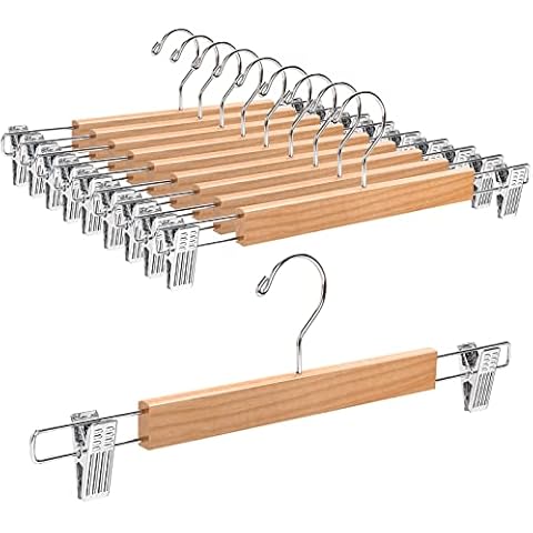 Amber Home 36cm Natural Wooden Pants Hangers 10pcs, Smooth Wood Skirt Hanger Organizer with Adjustable Anti-Slip Chrome Clips, Space Saving Solid Clothes Hangers Rack for Bottoms Jeans Slacks Trousers Cover