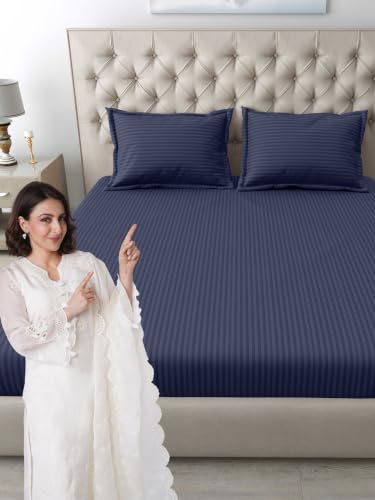 Image of Mafatlal Italian Strip Cotton Bedsheet with 2 Pillow Covers for King Size Bed | 210 TC Pure Cotton Flat Sheet Blue | 108 x 108 Inches | Comfortable & Long Lasting