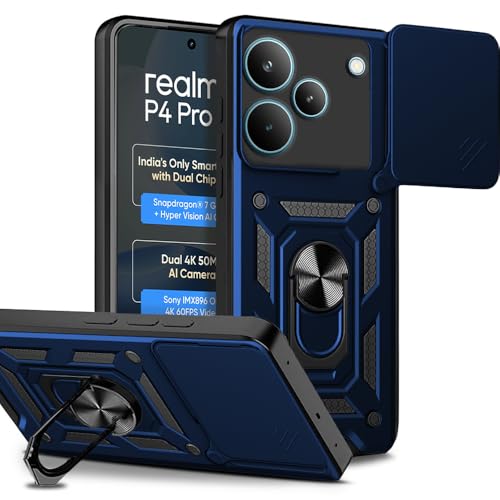 Image of AESTMO Tough Armor Realme P4 Power 5G Bumper Back Case Cover | Ring Holder & Sliding Camera Shield Cover | 360 Degree Protection Back Case Cover for Realme P4 Power 5G (Blue)