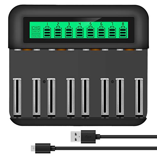 Snado Cargador de batería 8 bahías, cargador rápido inteligente con pantalla LCD para baterías recargables Ni-MH AA AAA C D Baterías con puerto USB tipo c y función de prevención de sobrecarga micro Cover