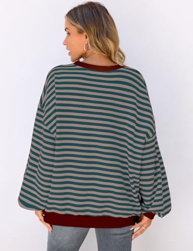 Image of UEU Women Oversized Striped Crewneck Sweatshirt Long Sleeve Color Block Pullover Tops Casual Loose Workout Shirt