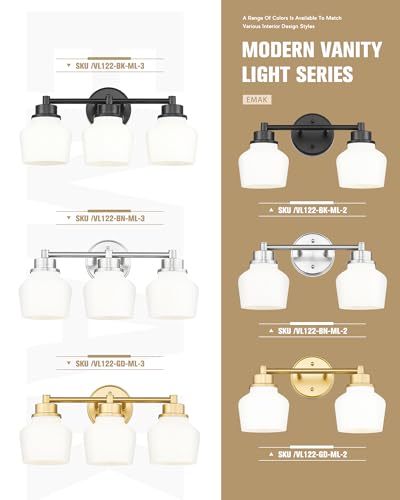 Image of Emak Brushed Nickel Bathroom Light Fixtures, 2-Light Bathroom Vanity Light with Milk Glass Shade, Modern Vanity Lights for Bathroom, Mirror, VL122-BN-ML-2