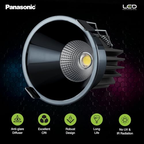 Image of Panasonic 18 Watt Deep Recessed COB False Ceiling Light, Recessed Downlight for Home, Shop, Museum, Restaurant with 85mm Cutout, Gun Black Reflector COB Light, Warm White Light (PDLM44183)