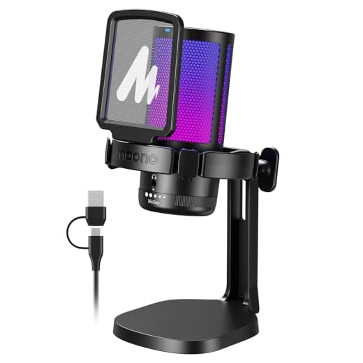 MAONO Microfono Gaming, USB Micrófono Condensador con Cancelación de Ruido para Streaming Podcast Studio, Compatible con PS5/PS4/Mac con Luces RGB Controlables, Botón de Silencio, Control de Ganancia