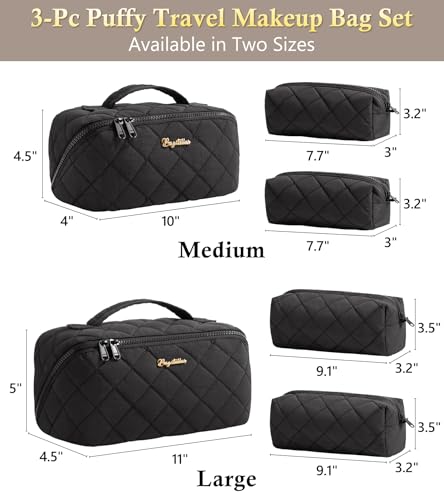 Image of Travel Makeup Bag, Large Capacity Puffy Toiletry & Cosmetic Bag for Women | 3 PCS Open Flat Quilted Makeup Cosmetic Organizer, Waterproof w /Clear Divider Portable Pouch for Skincare Travel Essentials