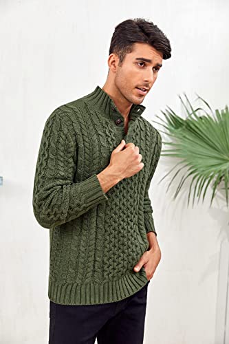 Bbalizko Mens Stand Collar Pullover Sweater Cable Knitted Chunky Winter Fashion Buttons Twisted Thermal Sweaters Green #TOP3