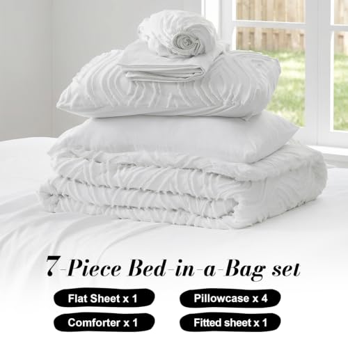 Image of 7 Pieces White Comforter Set for All Seasons Tufted Boho Bedding Set Full Size Farmhouse Bed in A Bag as Gifts (1 Comforter, 1 Flat Sheet, 1 Fitted Sheet, 2 Pillowcase and 2 Pillow Sham)