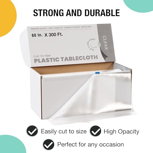 Image of Party Solids 60 Inch X 300 Feet Clear Plastic Table Cover Roll in A Cut - to - Size Box with Convenient Slide Cutter. Cuts Up to 36 Rectangle 8 Feet Plastic Disposable Tablecloths