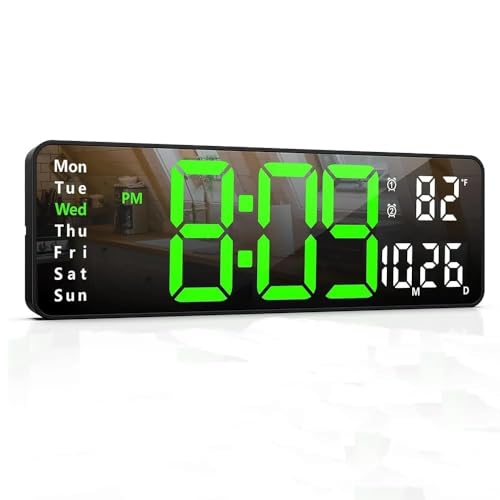 Image of 15-Inch Digital Wall Clock with Large LED Display - Remote Control, Auto-Dimming, Night Light, Date, Day, Temperature, DST Function - Ideal for Living Room, Bedroom (Green & White)