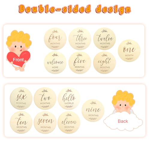 Image of Grevosea 7 Pcs Baby Milestone Cards, Double Sided Wooden Baby Months Signs Welcome Home or Hello World Sign Cards Baby Shower Gifts for New Parents 0-12 Months Newborn Growth Recording