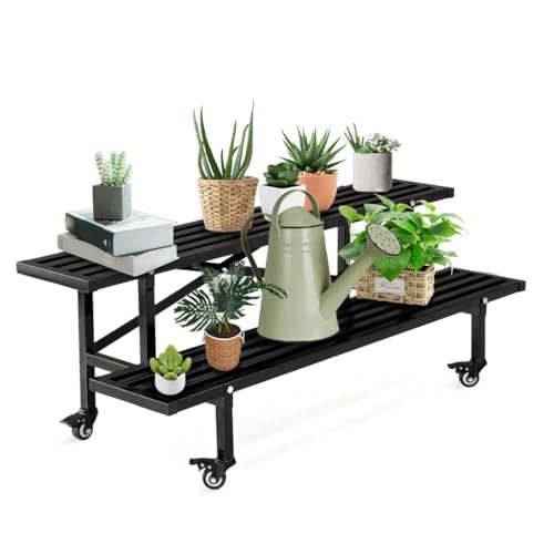 Soporte de plantas para balcón y terraza estantería metálica de 2 niveles con ruedas 2
