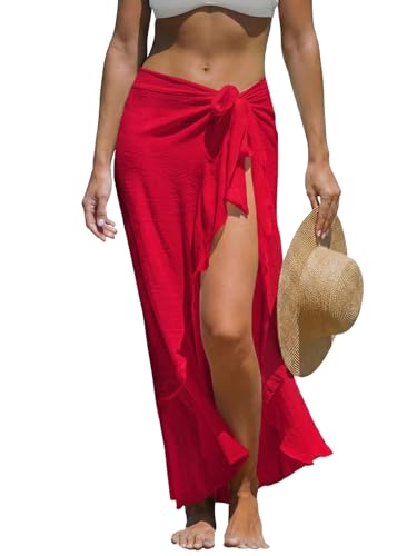 CUPSHE Women Sarong Coverups Chiffon Ruffle Self Tie Sarong Wraps Skirt Beach Sarongs for Swimwear Red