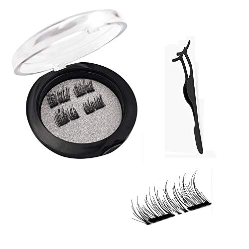 Magnetic Eyelashes Playbuy Fake Eyelashes 3D Black Dual Magnetic Lashes Handmade Ultra Thin Reusable Lashes with Tweezers Big Eyes Long for Entire Eyes Glamorous Natural Look 1Pair/4Pcs (Black)