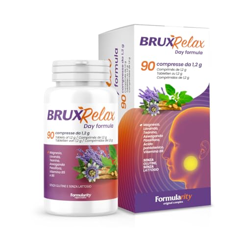 BruxRelax Day Formula 90 tabletas/3 meses - Suplemento Natural para Ansiedad, Estrés y Bruxismo - Con Ashwagandha, Lavanda, Pasiflora, Teanina, Doble Sal de Magnesio, Vitaminas B5 y B6 - Made in Italy