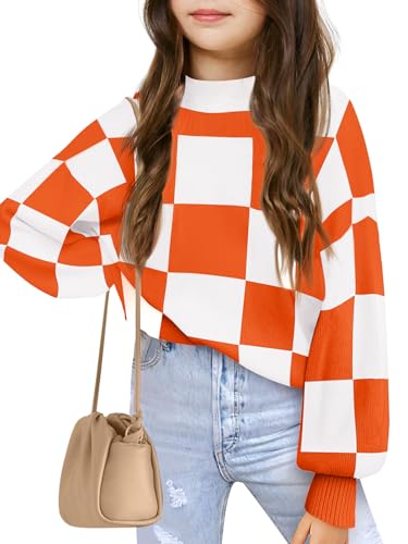 Image of Girls Sweaters Kids Fashion Plaid Mock Neck Pullover Sweater Tops 5-14 Years