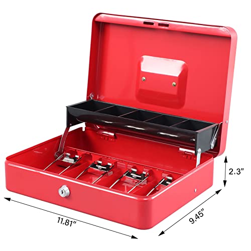 Kyodoled Locking Cash Box With Key Lock,Money Box Bound With Waterproof Coin Bag,Security Metal Money Lock Box With Cash Tray,Safe Box For Money,11.81"X 9.45"X 3.54" Bundle Water-Resistant Money Bag #TOP3