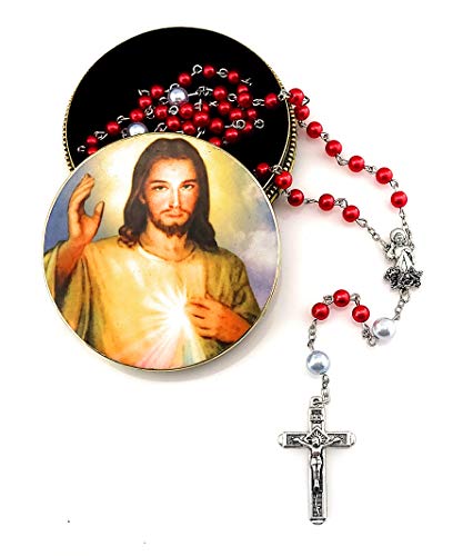 Divine Mercy Rosary Gift Set. Includes Jesus Christ Divine Mercy Metal Rosary Box Tin Case and Pearl Red and White Rosary with Divine Mercy Figurine Silver Metal Centerpiece