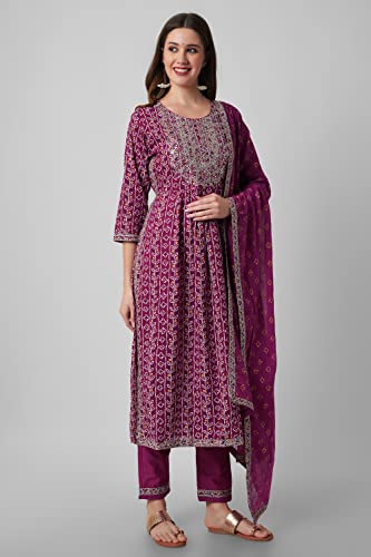 Image of Amayra Women's Cotton Embroidered Nayra Cut Kurta with Pant and Dupatta Set