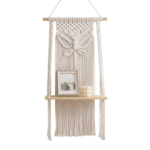 Image of Decazone Macrame Wall Hanging Shelf Bohemian Designs Home Decor Natural Pine Wooden Shelves and Cotton Cord (Mini Boho) (Butterfly)