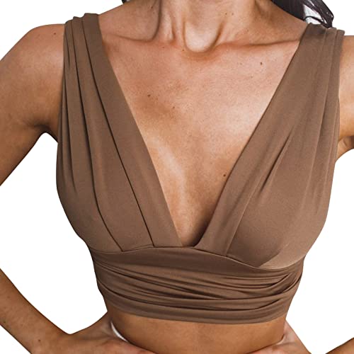 Women's Casual Basic V Neck Plunge Sexy Cami Satin Camisole Bra Sleeveless Cami Crop Top Slim Fitted Racerback Blouse Khaki